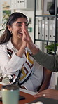 Discussion, high five and business people in office with conversation, planning and project. Employees, achievement and creative agency with celebration, teamwork and success for proposal review
