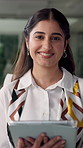 Face, tablet and happy business woman in office for online report with journalist. Portrait, technology and professional writer at work for publication, news editor or creative employee at startup
