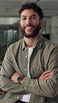Face, arms folded and business man in office as creative brand consultant with ambition or pride. Portrait, smile or professional worker, confident employee or campaign specialist at startup in Spain