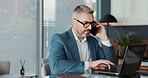 Office, businessman and phone call with laptop for accountant, communication and audit report. Career, mature person and auditor with mobile for talking, financial research and investment review