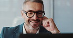 Reading, smile and laptop with business man in office for banking advisor, client portfolio and company analyst. Communication, research and solution with employee in agency for account manager