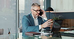 Office, businessman and phone call with laptop for talking, accountant and audit report. Career, mature person and auditor with mobile for communication, financial research and investment review