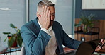 Stress, laptop and business man in office with tension for problem, financial crisis and debt review. Professional, corporate and person with pressure, frustrated and worry for mistake or deadline