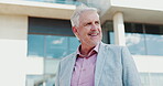 Thinking, business and man travel in city for planning, ideas and vision of urban development. Mature realtor, smile and reflection with corporate career, infrastructure and opportunity for expansion