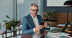 Office, mature and businessman with smartphone for chat, accountant and email for audit report. Career, male person and auditor with mobile for communication, financial research and investment app
