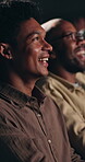 Popcorn, movie and happy men in cinema audience for premiere and entertainment. Theatre, people eating and comedy or laugh for show, performance and watching film with friends, spectator and fun