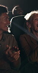 Movie, applause and happy man in cinema audience for premiere and entertainment with friends. Theatre, people and clapping for show, performance and watching film with satisfaction, spectator or fun