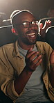 Happy man, movie and clapping hands in cinema audience for good premiere and entertainment. Theatre, people and applause for show, performance and watching film with satisfaction, spectator or fun