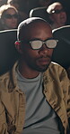 3d glasses, movie and man in cinema audience for premiere and modern entertainment. Theatre, people and lens for show, performance and watching film with augmented vision, spectator or illusion