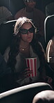 3d glasses, movie and shocked people in cinema audience for premiere and modern entertainment. Theatre, woman and lens for show, horror and watching film with augmented vision, popcorn and illusion