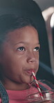 Drink, movie and night with child in theater for relax, kids cinema production and film screening. Projector, cartoon and auditorium show with girl and soda in audience for entertainment and event