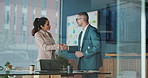 Handshake, deal and business people in office with investment negotiation, agreement or welcome. Greeting, merger and finance manager shaking hands with client for partnership, contract or thank you.