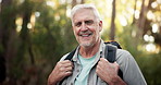Face, happy and man hiking in forest for trekking adventure, travel and fitness holiday. Portrait, senior person and laughing with backpacking joke, retirement hobby and sightseeing and getaway trip