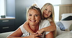 Face, mother and child in bedroom for hug, bonding together and loving relationship at home. Happy people, mom and girl in portrait for support, connection and relaxing in apartment on weekend