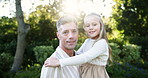 Happy, garden and face of dad with child for bonding, relationship and relax in morning. Family, sunlight and portrait of father carry daughter in backyard for fun, love and support on weekend
