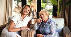 Senior mother, woman and face at home for family visit with conversation, care and trust. Old person, daughter and love with support, bonding and relax with connection and happiness at house