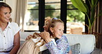 Women, home and child hug grandmother for family visit with embrace, care and trust. Old person, daughter and kid with support, bonding and relax with connection, love and happiness at house