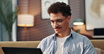 Sofa, man and smile with laptop for remote work, research information or story for publication at night. Home, freelancer and content writer with digital for blog website, article deadline or editing