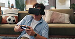Gaming, vr and controller with man at home for metaverse, 3d user experience and cyber simulation. Esports gamer, futuristic and virtual reality glasses with person in living room for ar interface
