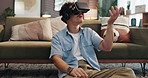 Gaming, vr and metaverse with man at home for ui hologram, 3d user experience and cyber simulation. Esports gamer, futuristic and virtual reality glasses with person in living room for ar interface
