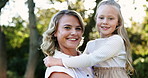 Happy, garden and face of mom with child for bonding, relationship and relax outdoor. Family, morning and portrait of mother carry daughter in backyard for fun, love and support on weekend together