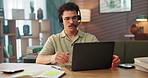 Man, consultant or laptop with headset for online advice, customer service or desktop support at home office. Male person, agent or remote worker with computer or mic for CRM help or communication