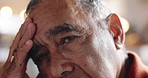 Senior, man and pain of headache in nursing home with brain fog, medical crisis and muscle tension. Retirement, face of elderly person and migraine of vertigo, confused and mental health with bokeh