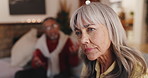 Senior couple, argument or ignore with disagreement on sofa for conflict or confrontation at home. Elderly woman, man or stress with confession, accusation or affair for living room dispute at house