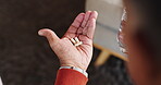 Senior, hands and pills with water in home for prescription medication, healthcare treatment and parkinsons disease. Above, old person and tablets for wellness supplements, healing or medical illness