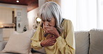 Senior woman, chest pain and sofa with cough for cardiac arrest, illness or influenza at home. Elderly, female person or patient with sore breathing for bronchitis, lung disease or inflammation