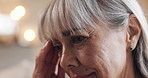 Senior, woman and pain of headache in nursing home with brain fog, medical crisis and muscle tension. Retirement, face of elderly person and migraine of vertigo, confused or mental health with stress