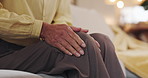 Relax, hands and senior man with knee pain, injury or muscle sprain in living room at nursing home. Arthritis, medical emergency and elderly male person with torn ligament in leg in lounge at house.