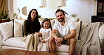 Home, face and parents with child for relax, bonding together and family relationship in living room. Sofa, mother and father with girl in portrait, connection and love embrace on weekend in lounge