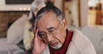 Senior couple, argument or sofa with fight for conflict, confrontation or toxic marriage at home. Elderly woman, man or stress with confession, accusation or affair for living room dispute at house