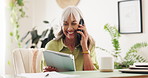 Phone call, smile and tablet with designer woman in office for communication, good news or update. Business, planning and research with happy mature employee in creative workplace for discussion