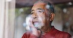 Regret, thinking and window with senior man in retirement home for depression or sadness. Anxiety, mistake and mourning with unhappy old person in apartment for contemplation, decision or memories