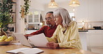Budget, senior couple and laptop with paperwork in home for account management, financial review and planning. Interracial people, finance or discussion for retirement fund, pension savings or assets
