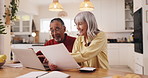 Old couple, laptop and finance paperwork with calculator in home for asset management, financial planning and budget. Interracial people, documents and happy with account review for retirement fund