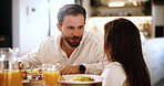 Talking, food or father with child at breakfast for healthy meal, care or drink for love in family home. Smile, kid or happy dad in house for brunch, nutrition or feast with diet, beverage or support