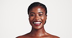 Skincare, happy and face of black woman in studio with beauty, natural or facial routine. Laughing, cosmetic and portrait of African female person with glow dermatology treatment by white background
