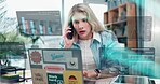 Phone call, hologram screen and woman with graphs, laptop and business discussion with data and growth. Dashboard, stock market and happy girl networking for research, technology and overlay analysis