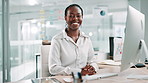 Black woman, face and smile by computer at office, pride and typing with financial report at company. African person, accountant and happy with portrait, pc and review for audit at agency in Nigeria