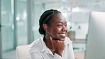 Black woman, happy and finance by computer at office, feedback and excited with financial results at company. African person, accountant and smile by pc for review, profit and revenue at agency