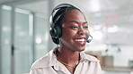 Headset, helpdesk and support with black woman in call center for assistance or feedback. Contact us, conversation and customer service with smile of agency employee in workplace as virtual assistant