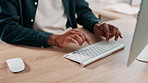 Hands, typing and man at desk for creative writing, copywriting or journalism for online blog. Keyboard, computer and review, content writer with editing and research for article at media agency