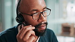 Call center, talking and black man help with headset for customer service, faq and multilingual support agent. Consultant, speaking and virtual assistance for advice, crm and language translation