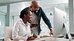 Call center, training and manager with advice, computer or help to identify opportunity for sales. Talking, black people and pointing at tech for telemarketing, teamwork or smile for customer service