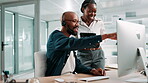 Training, manager and employee with computer, call center and help to identify opportunity for sales. High five, trainee and pointing at tech for telemarketing, people and advice for customer service