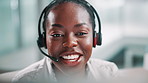 Call center, happy and black woman in office talking for customer service, crm support and consulting. Business, communication and face of person with headset for contact us, online help and advice