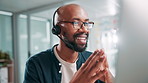 Call center, computer and black man in office talking for customer service, crm support and consulting. Business, communication and happy person with headset for contact us, online help and advice